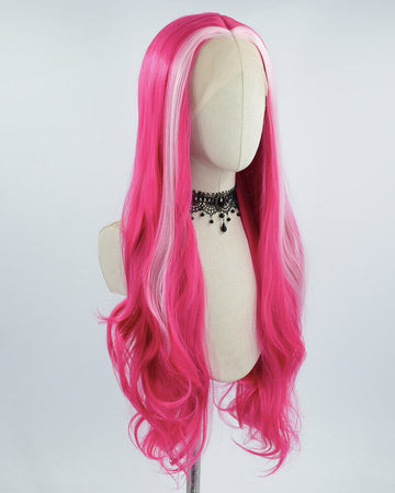 Pink Streaked Wavy Hot Pink Synthetic Lace Front Wig WW375